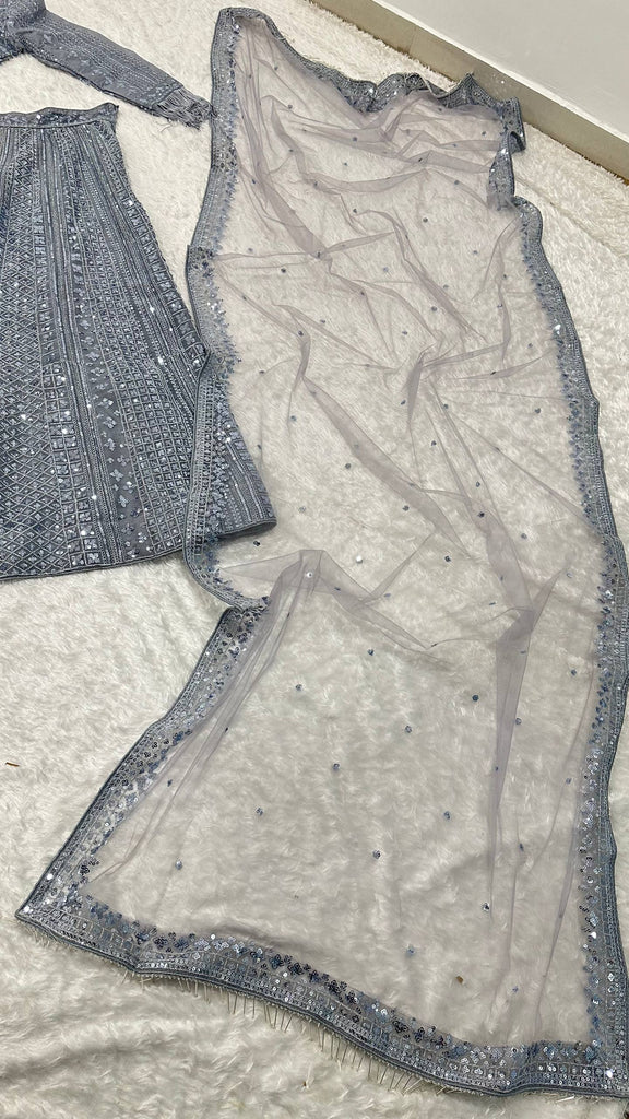 Smoke Gray Shimmer Silk Lehenga Set with Sequins & Dori Work – Unstitched Blouse & Net Dupatta ClothsVilla