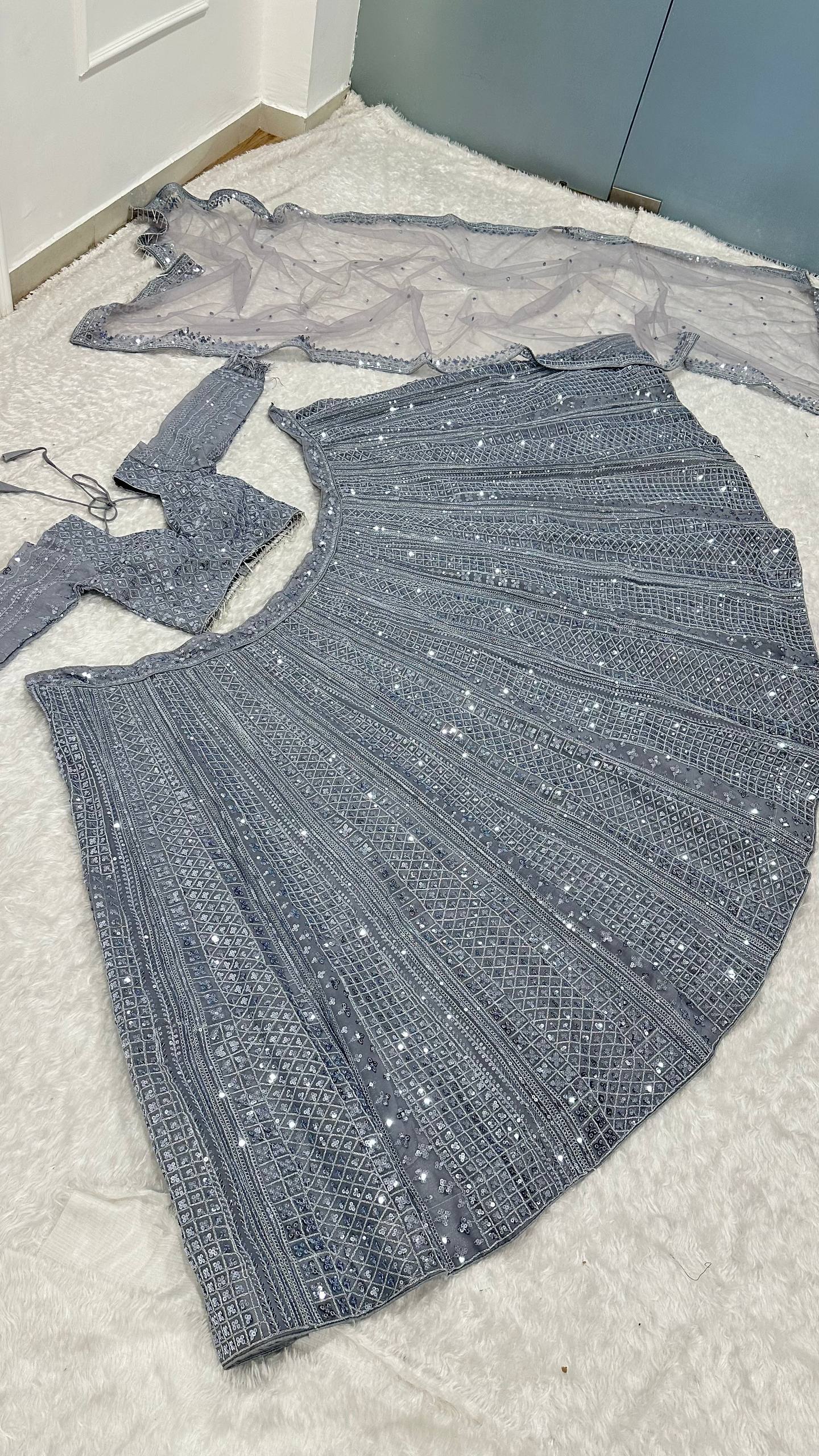 Smoke Gray Shimmer Silk Lehenga Set with Sequins & Dori Work – Unstitched Blouse & Net Dupatta ClothsVilla