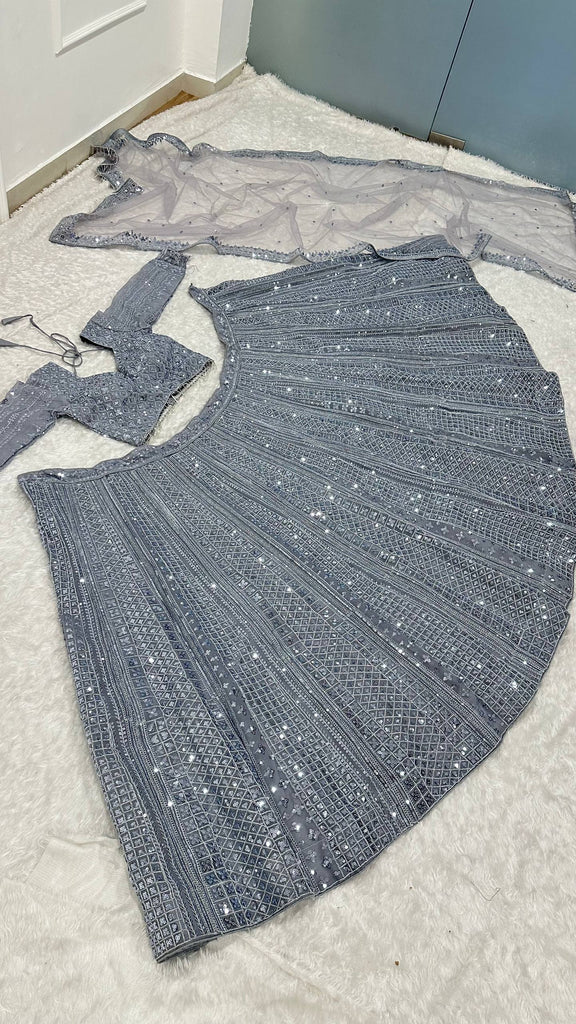 Smoke Gray Shimmer Silk Lehenga Set with Sequins & Dori Work – Unstitched Blouse & Net Dupatta ClothsVilla