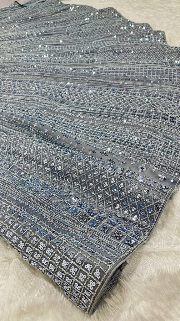 Smoke Gray Shimmer Silk Lehenga Set with Sequins & Dori Work – Unstitched Blouse & Net Dupatta ClothsVilla