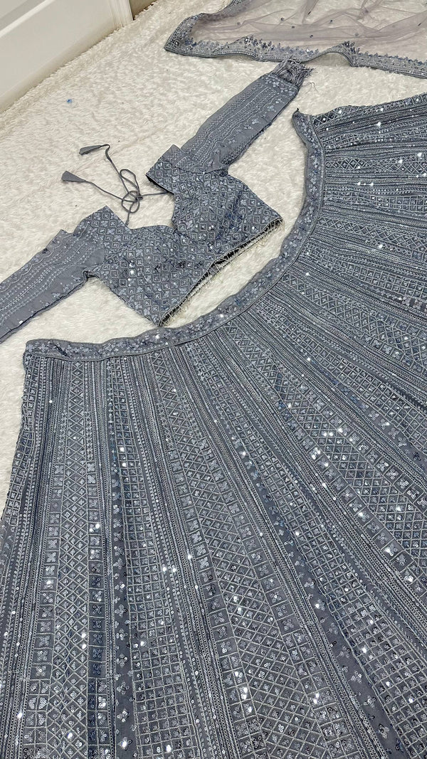 Smoke Gray Shimmer Silk Lehenga Set with Sequins & Dori Work – Unstitched Blouse & Net Dupatta ClothsVilla