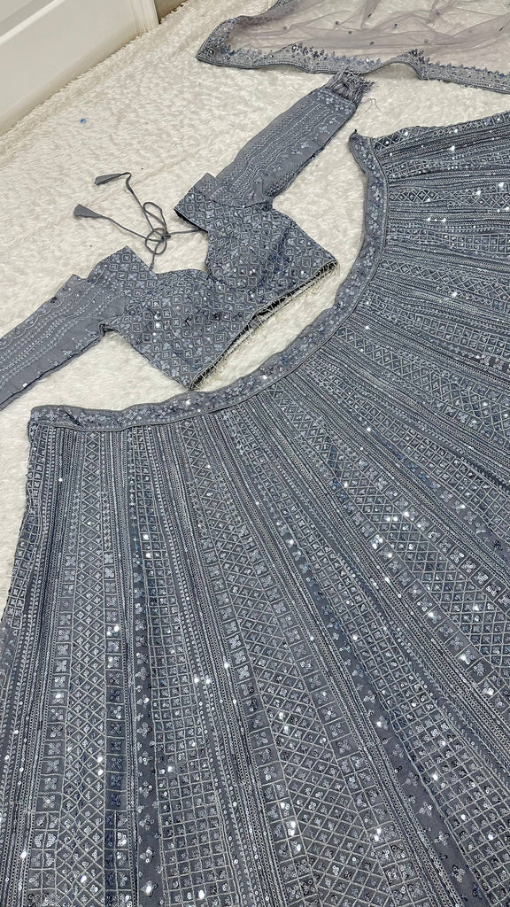 Smoke Gray Shimmer Silk Lehenga Set with Sequins & Dori Work – Unstitched Blouse & Net Dupatta ClothsVilla