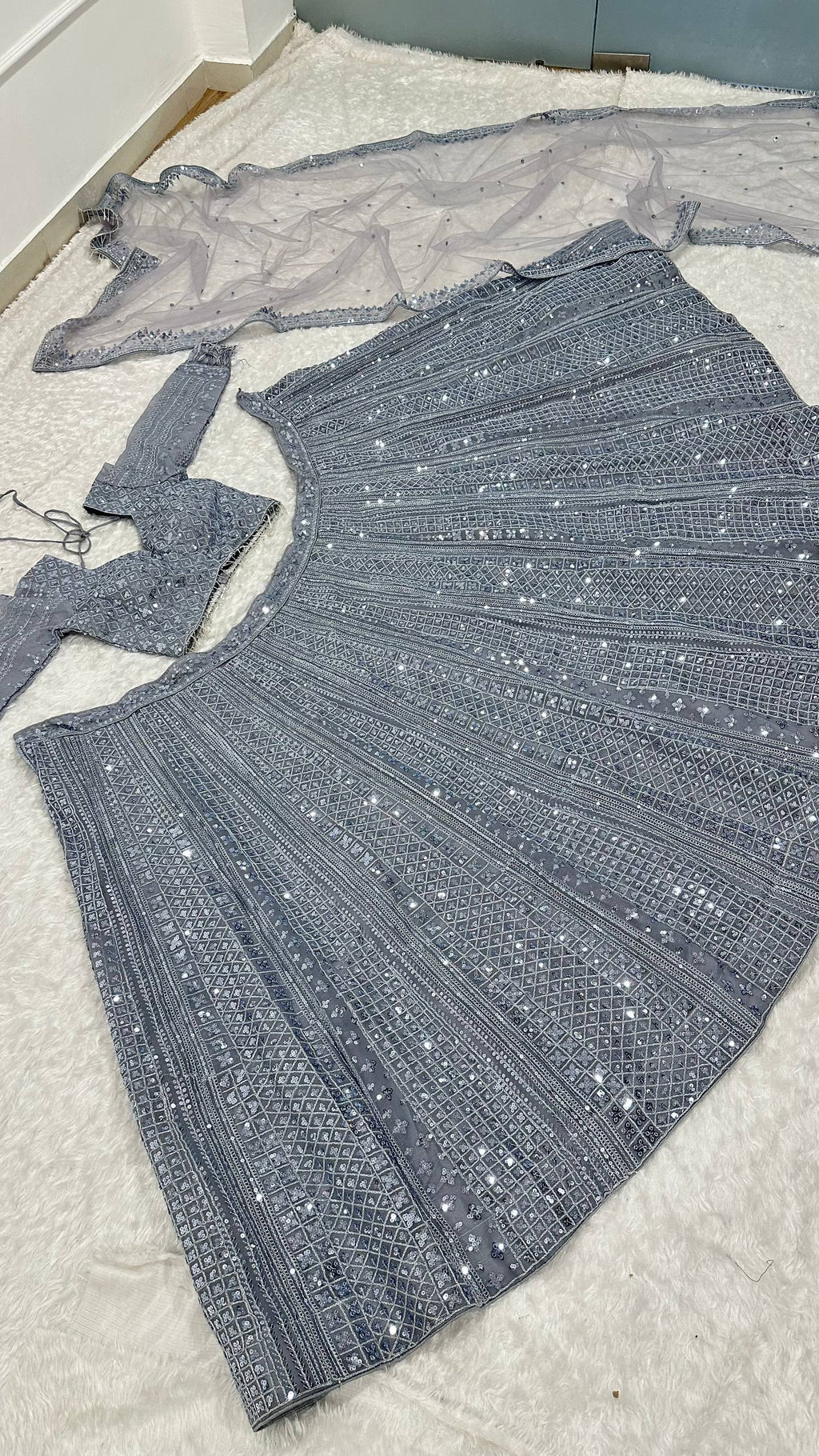 Smoke Gray Shimmer Silk Lehenga Set with Sequins & Dori Work – Unstitched Blouse & Net Dupatta ClothsVilla