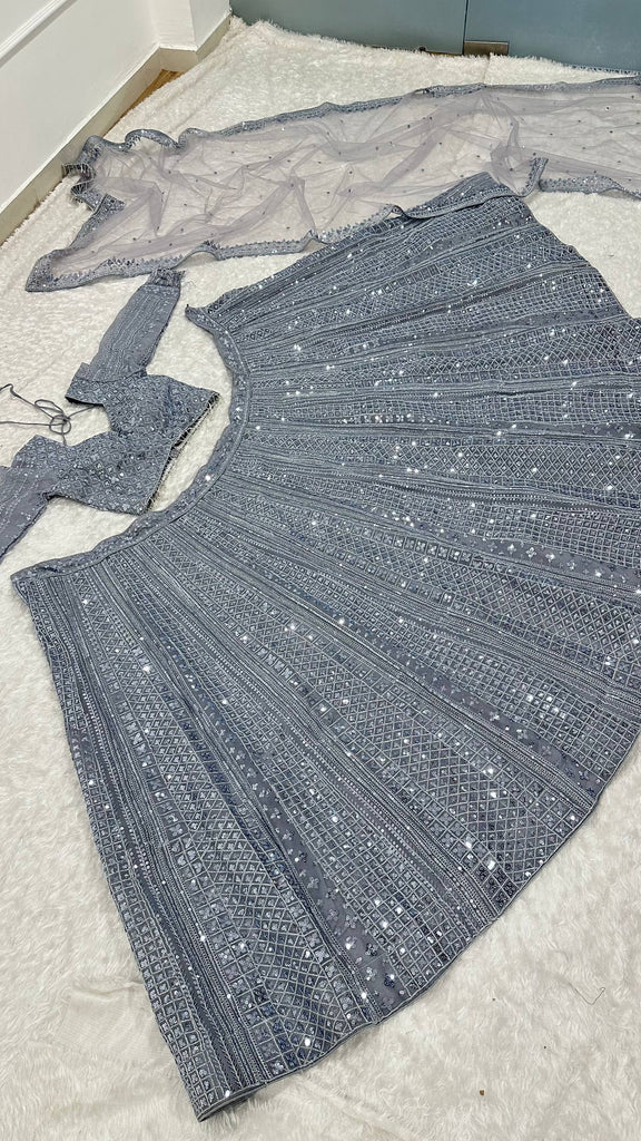 Smoke Gray Shimmer Silk Lehenga Set with Sequins & Dori Work – Unstitched Blouse & Net Dupatta ClothsVilla