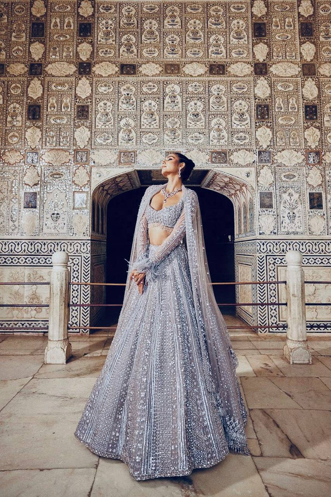 Smoke Gray Shimmer Silk Lehenga Set with Sequins & Dori Work – Unstitched Blouse & Net Dupatta ClothsVilla