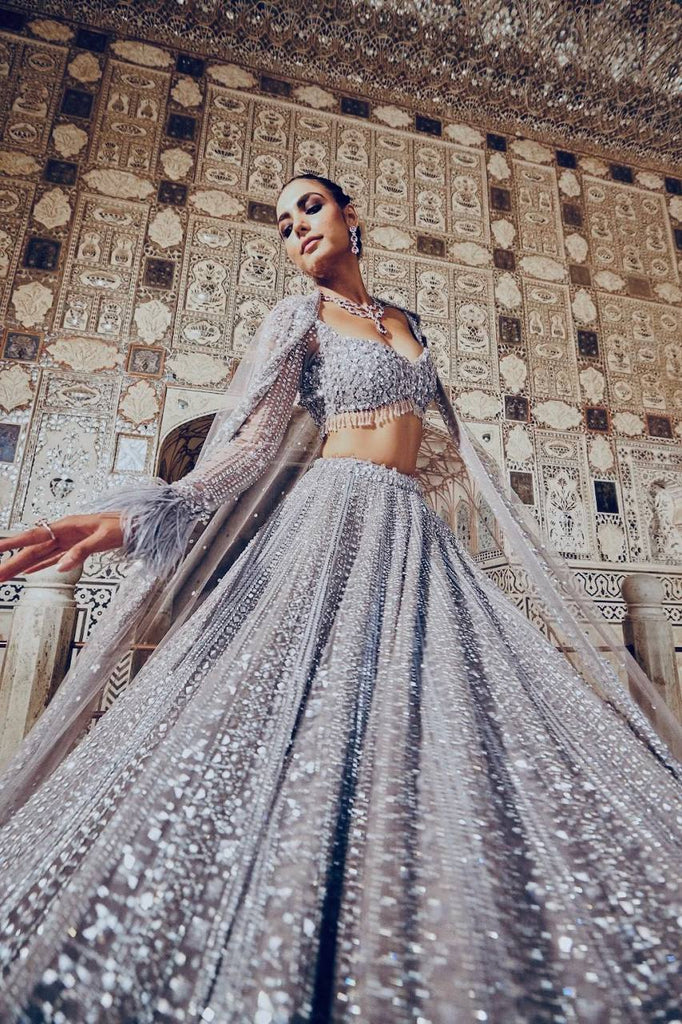 Smoke Gray Shimmer Silk Lehenga Set with Sequins & Dori Work – Unstitched Blouse & Net Dupatta ClothsVilla