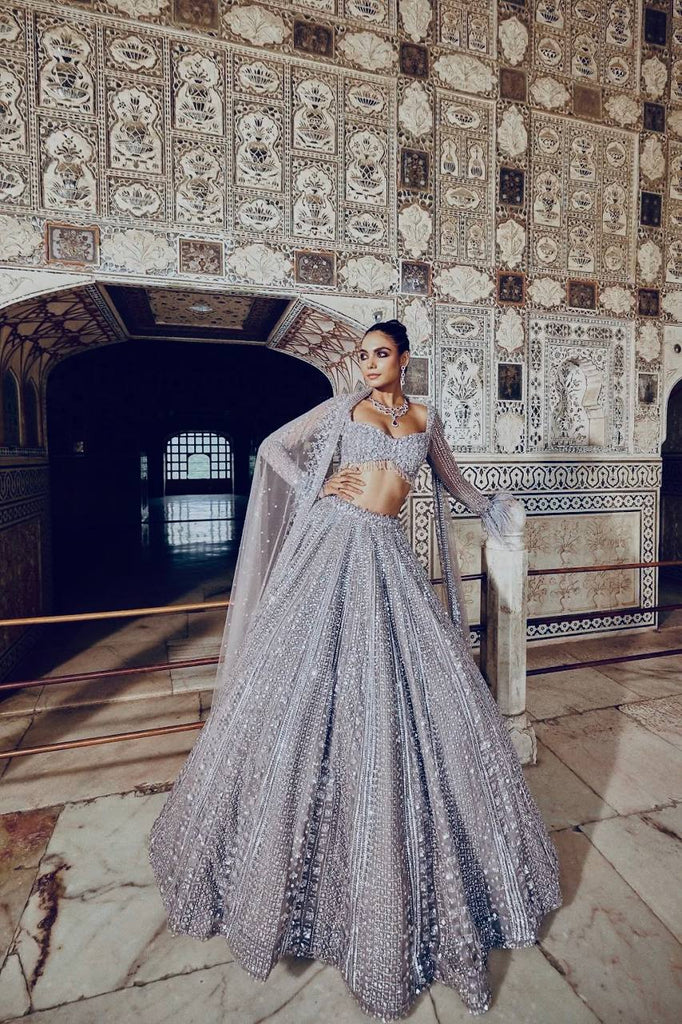 Smoke Gray Shimmer Silk Lehenga Set with Sequins & Dori Work – Unstitched Blouse & Net Dupatta ClothsVilla
