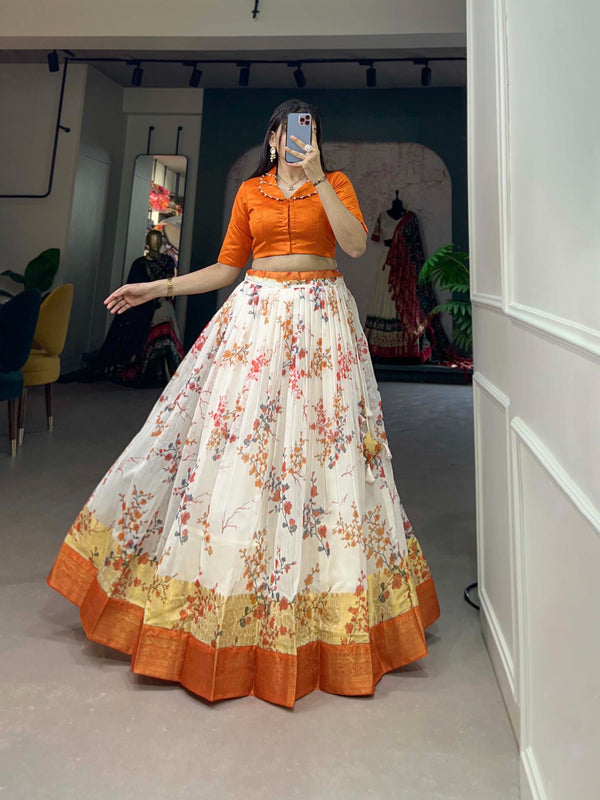 Soft Cotton Orange Floral Print Lehenga Co-ord Set ClothsVilla