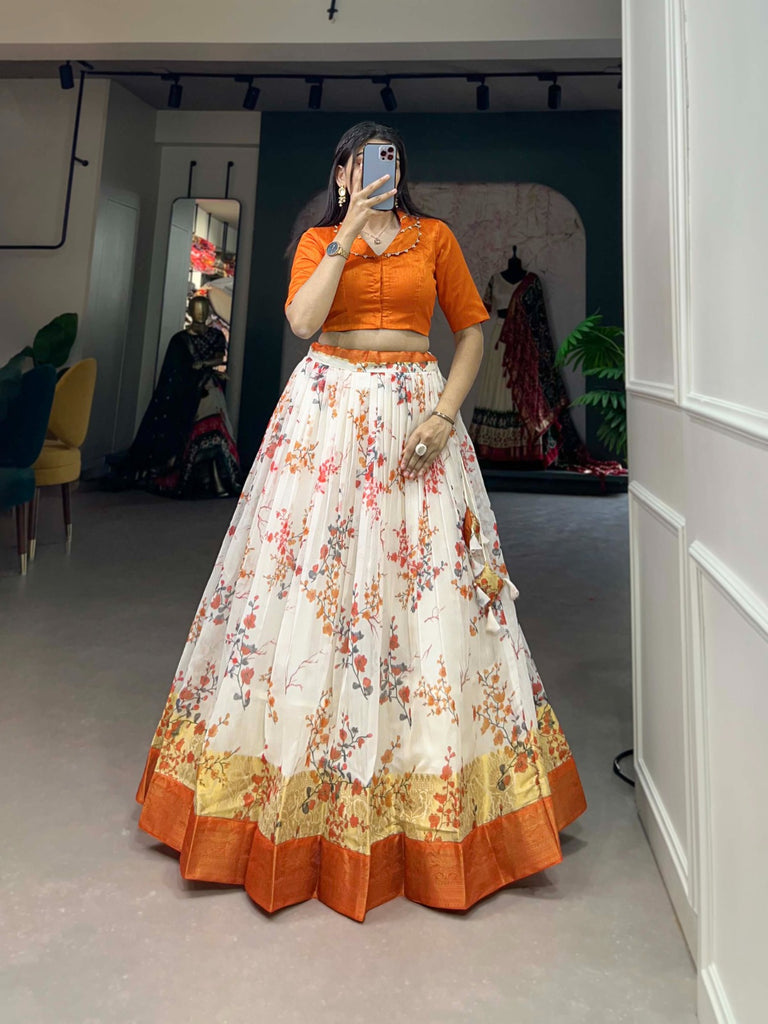 Soft Cotton Orange Floral Print Lehenga Co-ord Set ClothsVilla