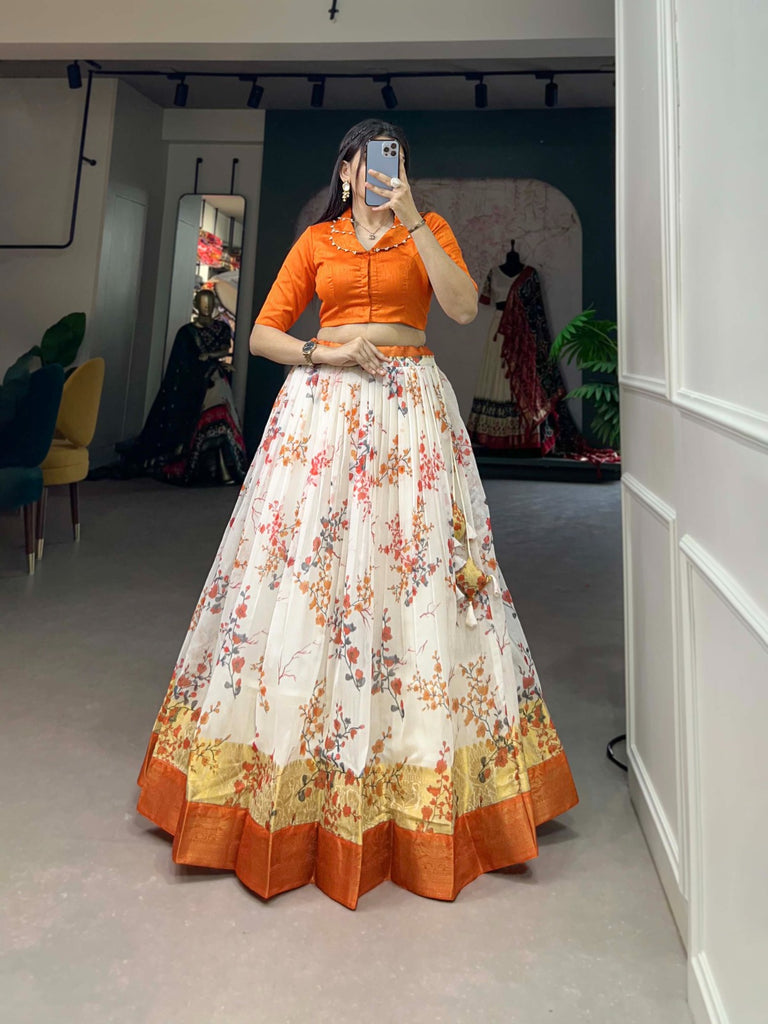 Soft Cotton Orange Floral Print Lehenga Co-ord Set ClothsVilla