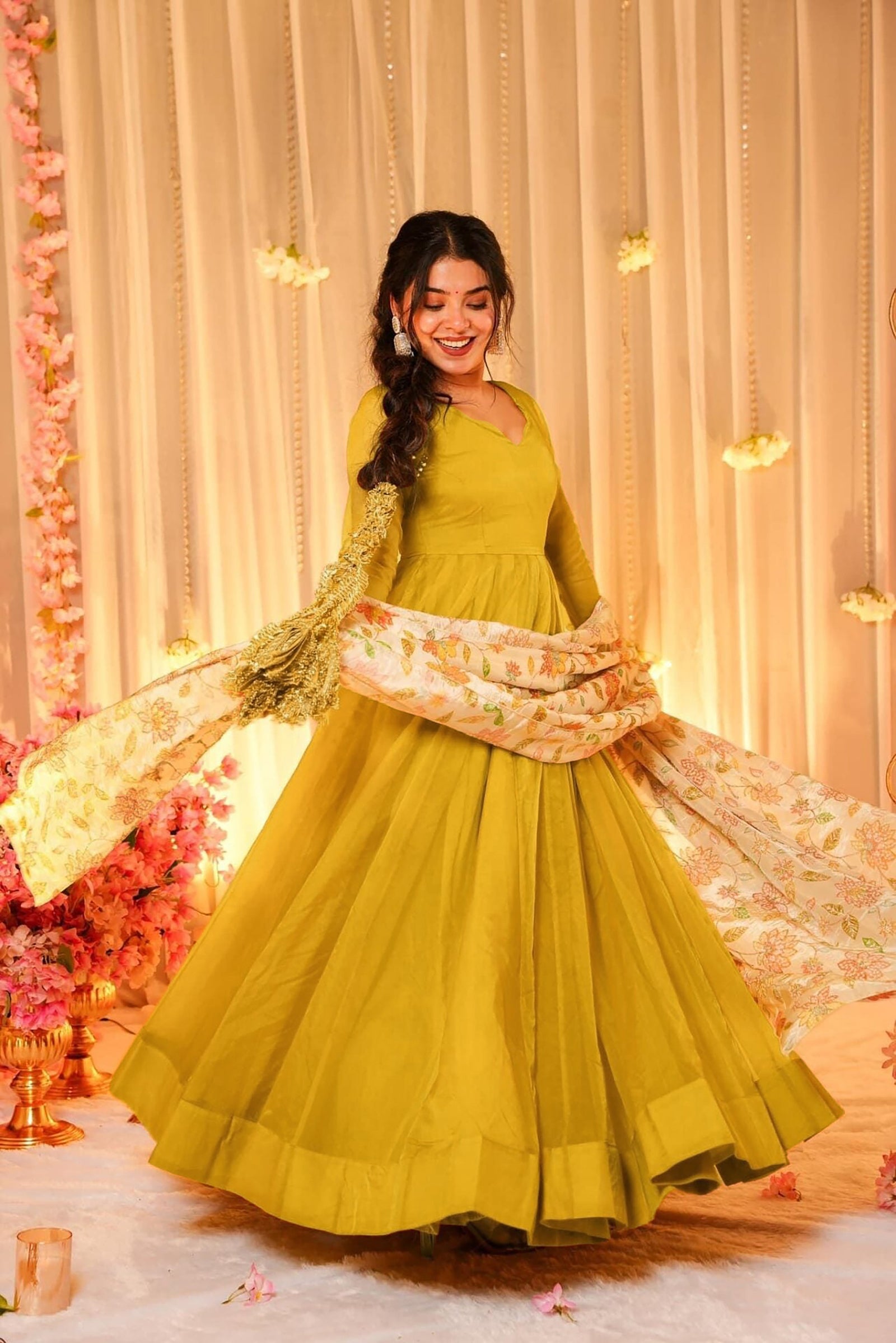 Soft Dyed Silk Floral Print Anarkali Gown with Dupatta Clothsvilla