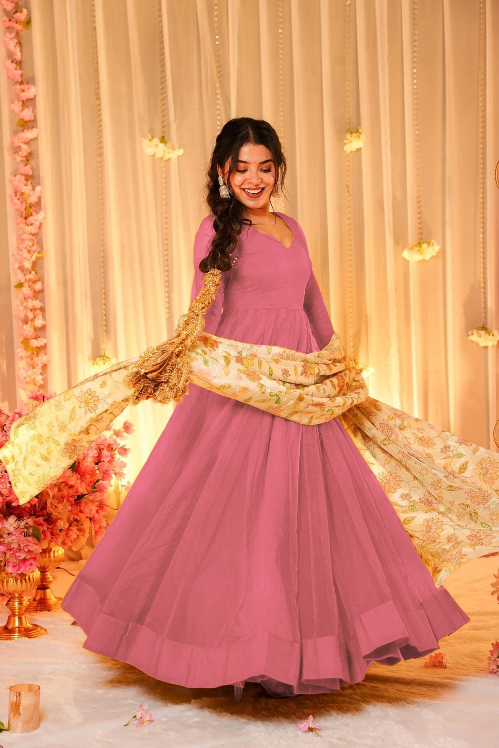 Soft Dyed Silk Floral Print Anarkali Gown with Dupatta Clothsvilla