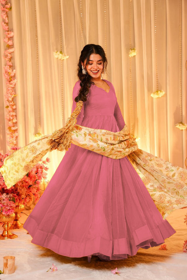 Soft Dyed Silk Floral Print Anarkali Gown with Dupatta Clothsvilla