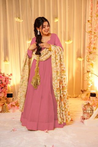 Soft Dyed Silk Floral Print Anarkali Gown with Dupatta Clothsvilla