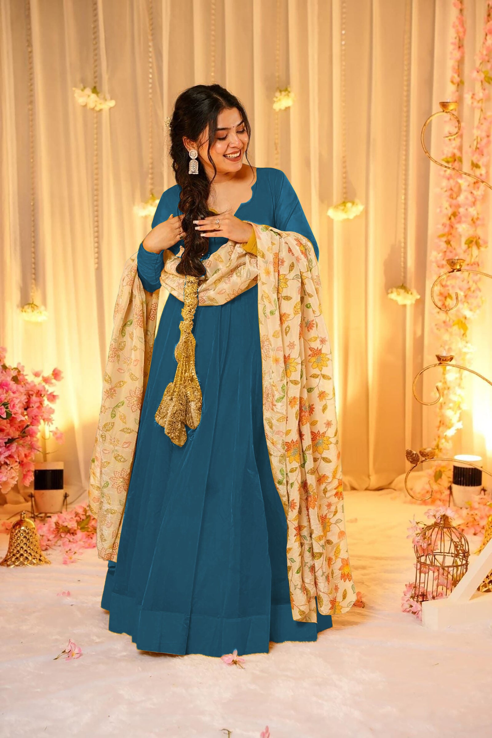 Soft Dyed Silk Floral Print Anarkali Gown with Dupatta Clothsvilla