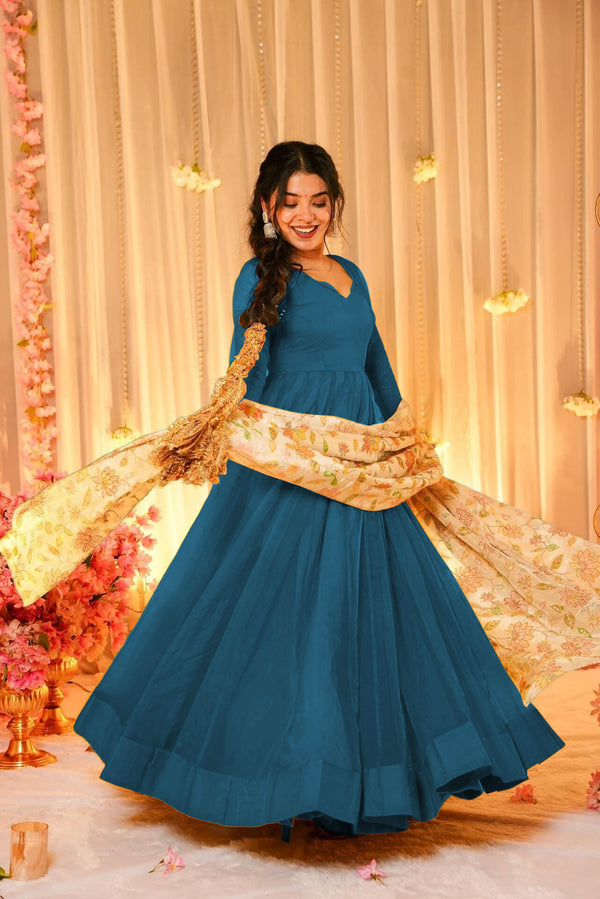 Soft Dyed Silk Floral Print Anarkali Gown with Dupatta Clothsvilla