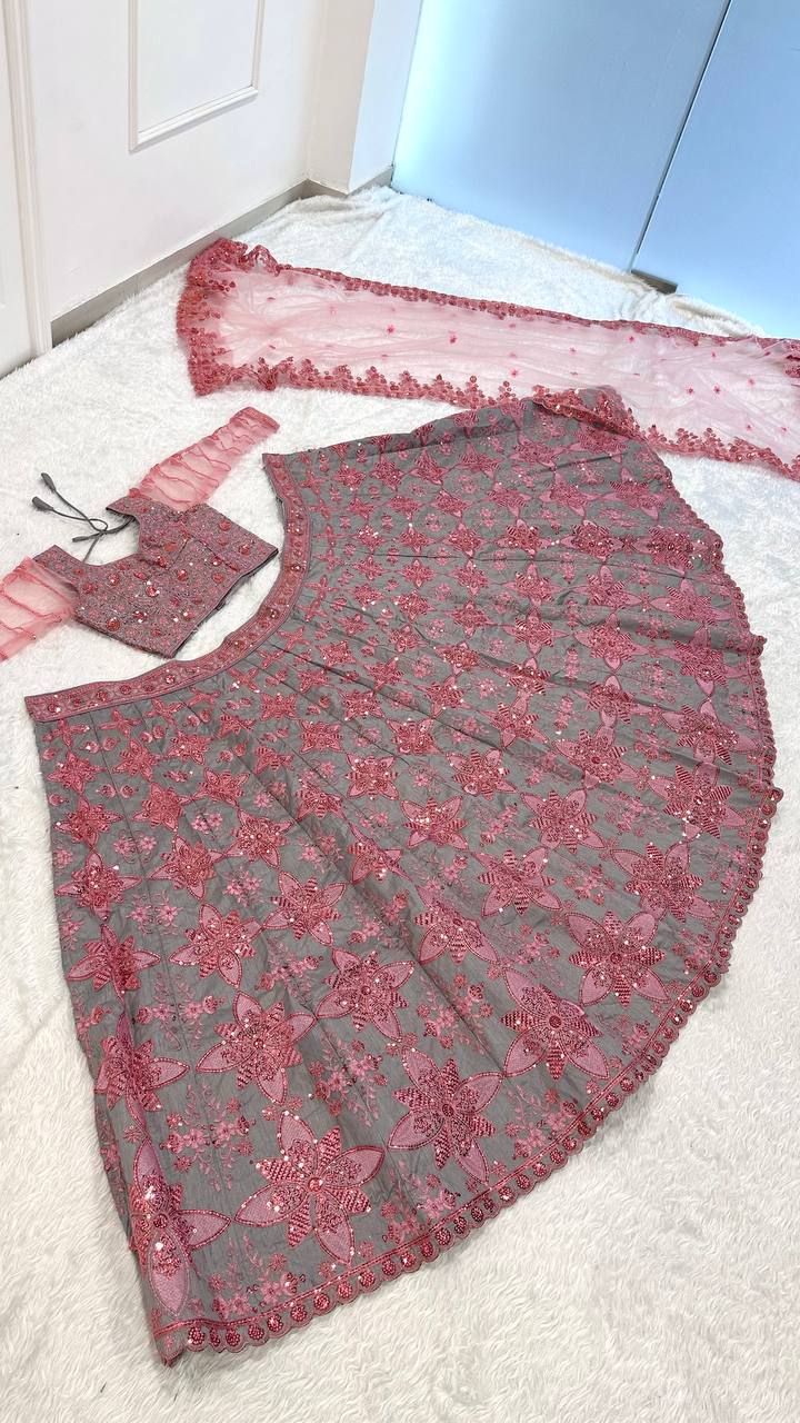 Soft Gray Thai Silk Embroidered Lehenga Choli ClothsVilla