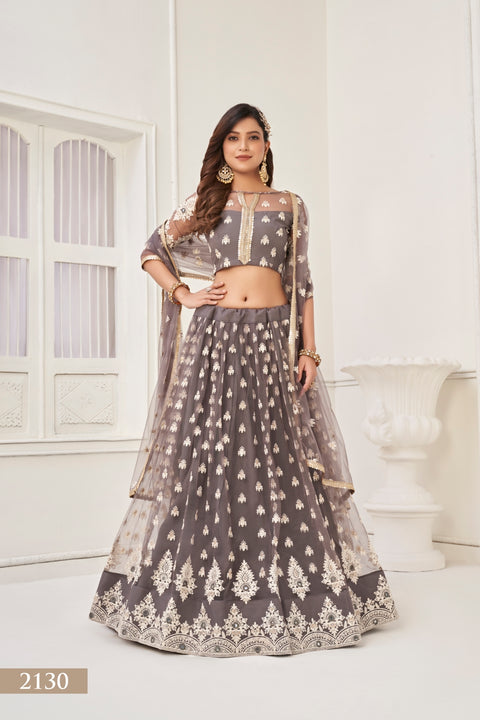 Space Gray Sophisticated  Butterfly Net Lehenga Set with White Thread and Sequence Embroidery Main image