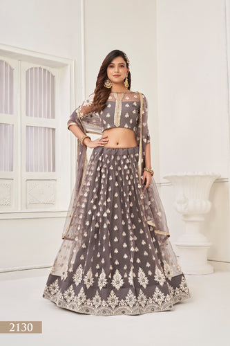 Space Gray Sophisticated  Butterfly Net Lehenga Set with White Thread and Sequence Embroidery