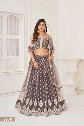 Space Gray Sophisticated  Butterfly Net Lehenga Set with White Thread and Sequence Embroidery