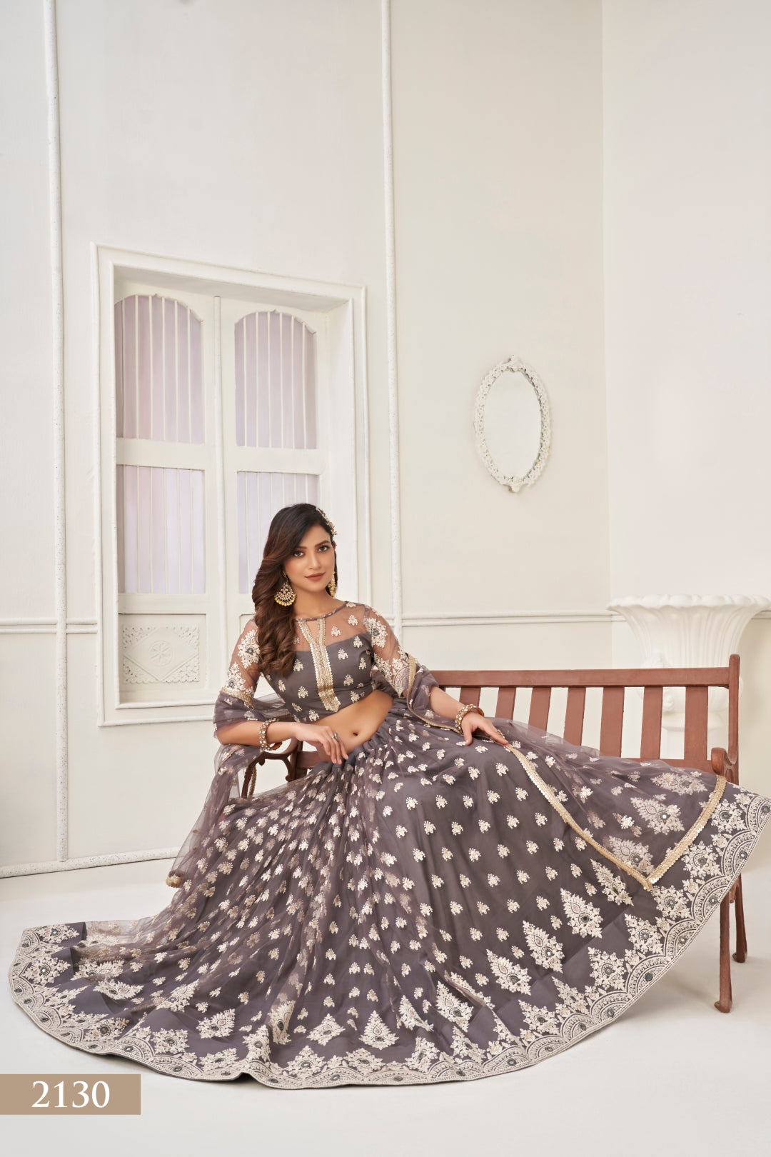 Space Gray Sophisticated  Butterfly Net Lehenga Set with White Thread and Sequence Embroidery