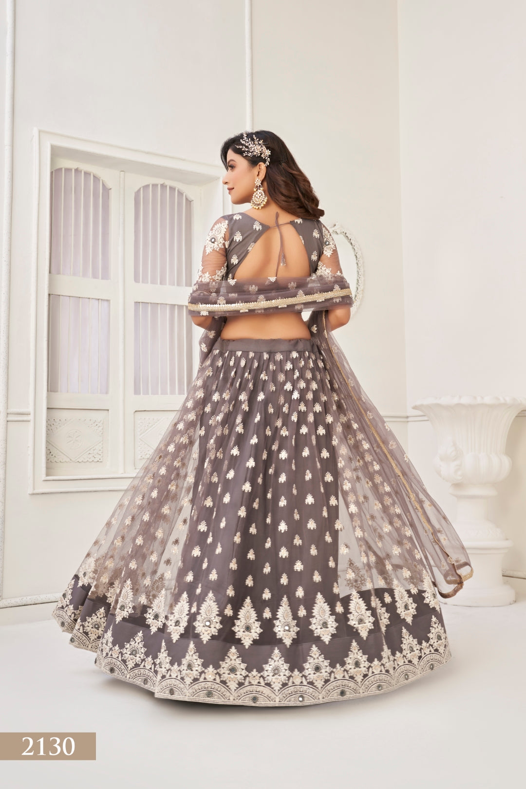Space Gray Sophisticated  Butterfly Net Lehenga Set with White Thread and Sequence Embroidery