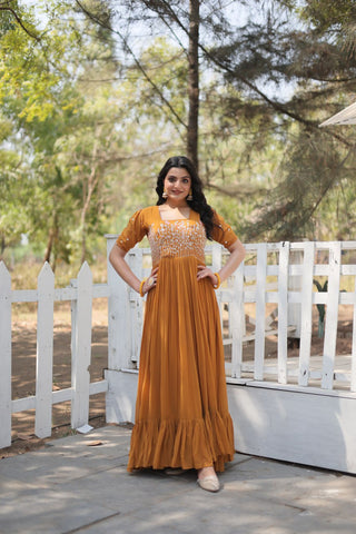 Sparkling Multithreaded Embroidered Faux Georgette Mustard Yellow Gown with Puff Sleeves ClothsVilla