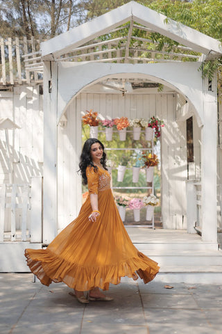 Sparkling Multithreaded Embroidered Faux Georgette Mustard Yellow Gown with Puff Sleeves ClothsVilla