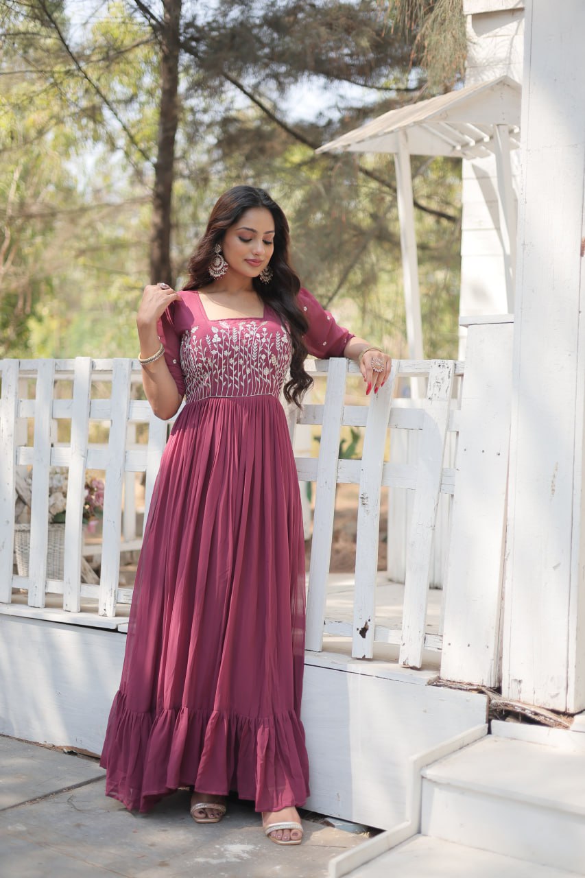 Sparkling Multithreaded Embroidered Faux Georgette Onion Color Gown with Puff Sleeves ClothsVilla