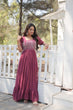 Load image into Gallery viewer, Sparkling Multithreaded Embroidered Faux Georgette Onion Color Gown with Puff Sleeves ClothsVilla