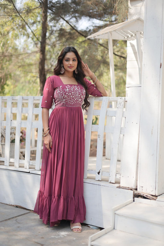 Sparkling Multithreaded Embroidered Faux Georgette Onion Color Gown with Puff Sleeves ClothsVilla