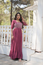 Load image into Gallery viewer, Sparkling Multithreaded Embroidered Faux Georgette Onion Color Gown with Puff Sleeves ClothsVilla