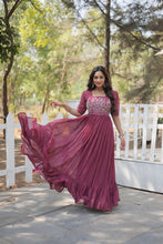 Load image into Gallery viewer, Sparkling Multithreaded Embroidered Faux Georgette Onion Color Gown with Puff Sleeves ClothsVilla