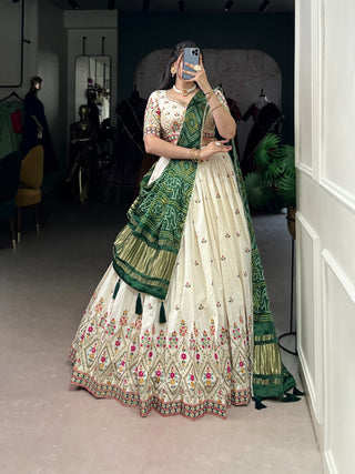 Square Traditional Khadi Cotton Embroidered Lehenga Set with Printed Gaji Silk Dupatta & Tassels ClothsVilla