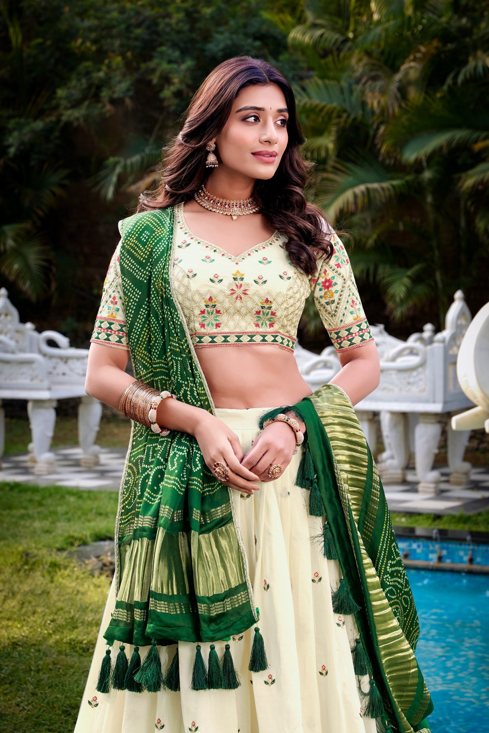 Square Traditional Khadi Cotton Embroidered Lehenga Set with Printed Gaji Silk Dupatta & Tassels ClothsVilla