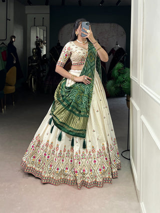Square Traditional Khadi Cotton Embroidered Lehenga Set with Printed Gaji Silk Dupatta & Tassels ClothsVilla
