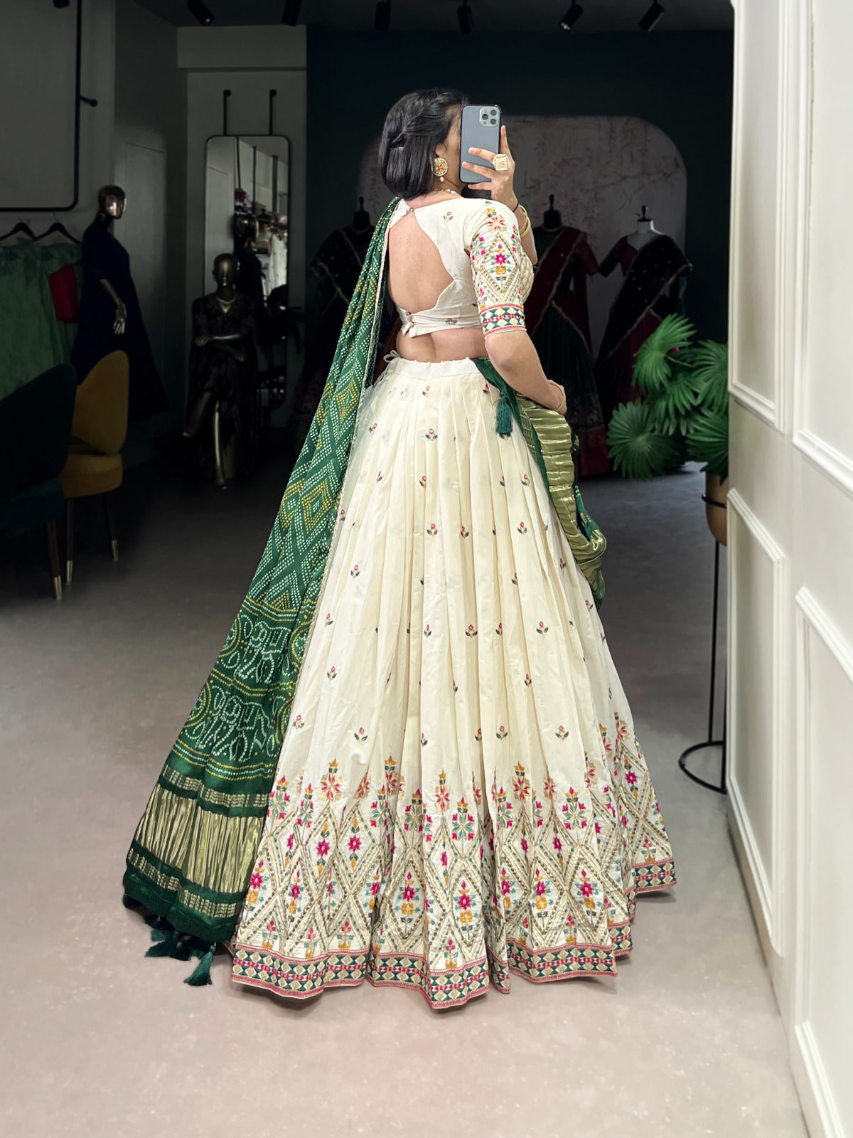 Square Traditional Khadi Cotton Embroidered Lehenga Set with Printed Gaji Silk Dupatta & Tassels ClothsVilla