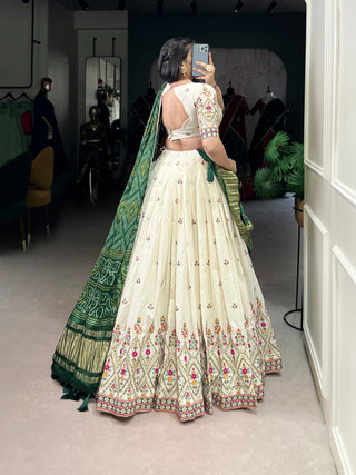 Square Traditional Khadi Cotton Embroidered Lehenga Set with Printed Gaji Silk Dupatta & Tassels ClothsVilla