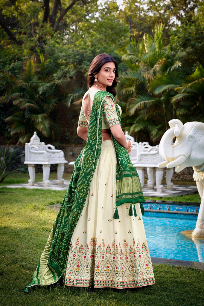 Square Traditional Khadi Cotton Embroidered Lehenga Set with Printed Gaji Silk Dupatta & Tassels ClothsVilla