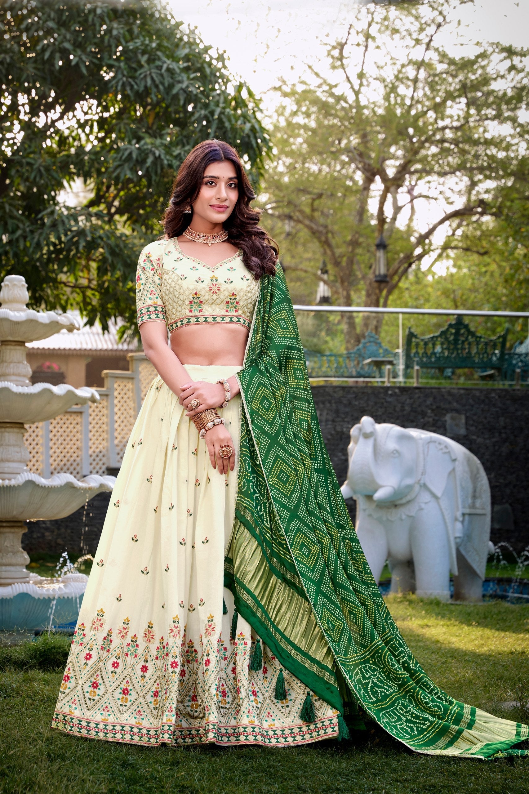 Square Traditional Khadi Cotton Embroidered Lehenga Set with Printed Gaji Silk Dupatta & Tassels ClothsVilla