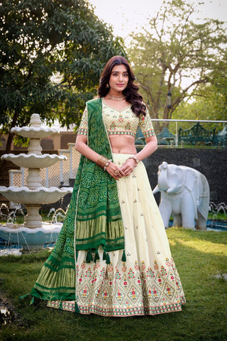 Square Traditional Khadi Cotton Embroidered Lehenga Set with Printed Gaji Silk Dupatta & Tassels ClothsVilla