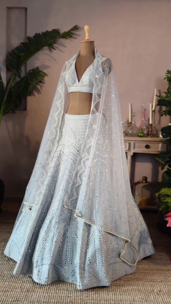 Steel Gray Heavy Banglori Silk Lehenga Set with Paper Mirror, Zari & 3mm Sequins Embroidery – Semi-Stitched with ClothsVilla