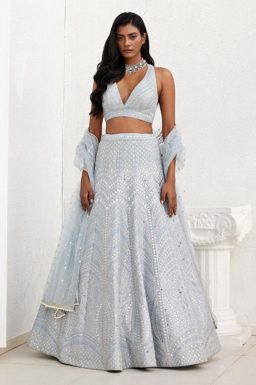Steel Gray Heavy Banglori Silk Lehenga Set with Paper Mirror, Zari & 3mm Sequins Embroidery – Semi-Stitched with ClothsVilla