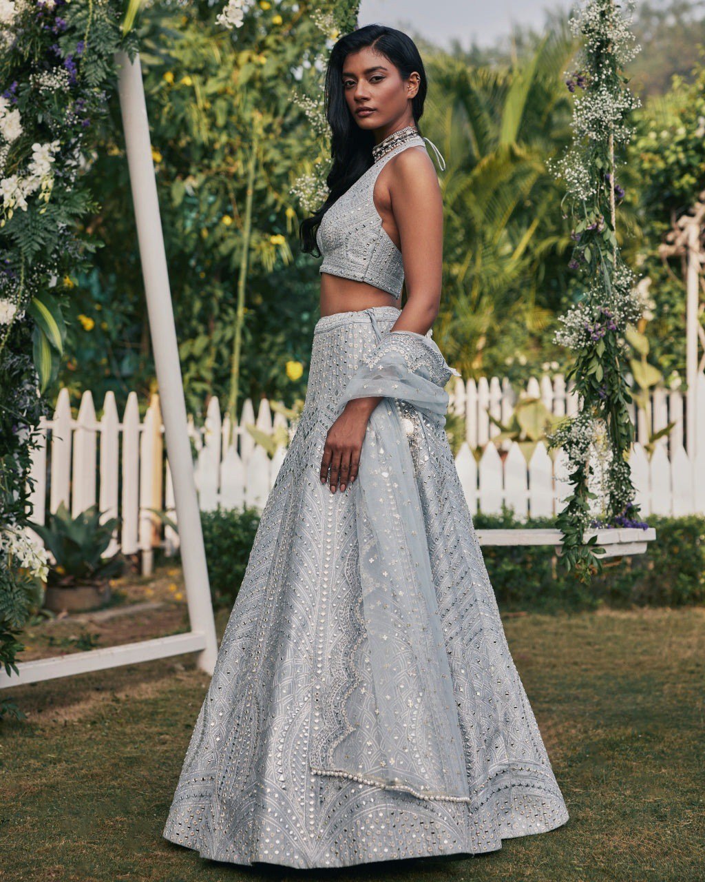 Steel Gray Heavy Banglori Silk Lehenga Set with Paper Mirror, Zari & 3mm Sequins Embroidery – Semi-Stitched with ClothsVilla
