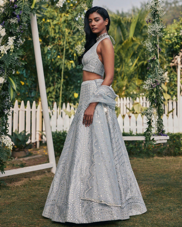 Steel Gray Heavy Banglori Silk Lehenga Set with Paper Mirror, Zari & 3mm Sequins Embroidery – Semi-Stitched with ClothsVilla