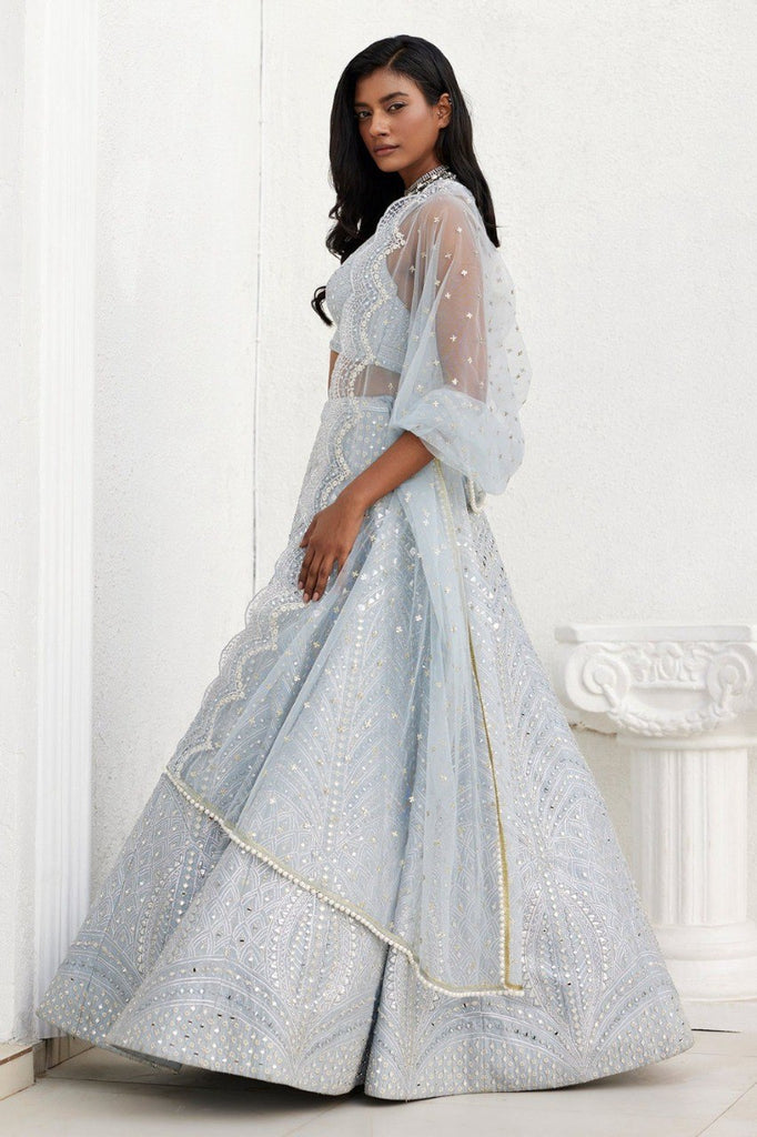 Steel Gray Heavy Banglori Silk Lehenga Set with Paper Mirror, Zari & 3mm Sequins Embroidery – Semi-Stitched with ClothsVilla