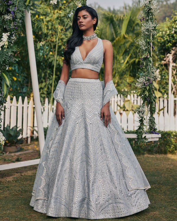 Steel Gray Heavy Banglori Silk Lehenga Set with Paper Mirror, Zari & 3mm Sequins Embroidery – Semi-Stitched with ClothsVilla