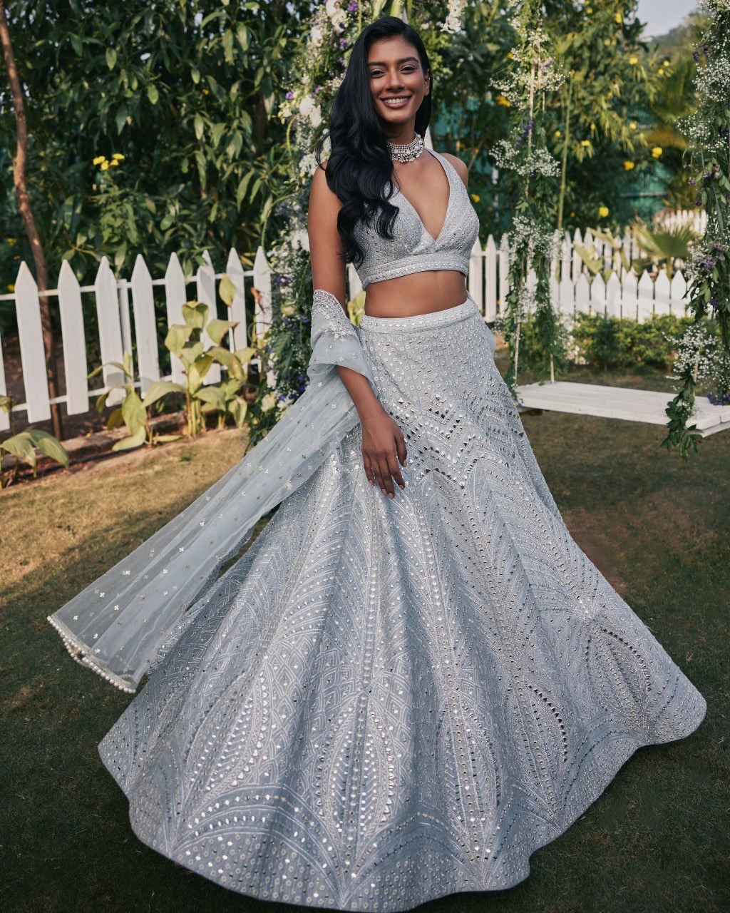 Steel Gray Heavy Banglori Silk Lehenga Set with Paper Mirror, Zari & 3mm Sequins Embroidery – Semi-Stitched with ClothsVilla