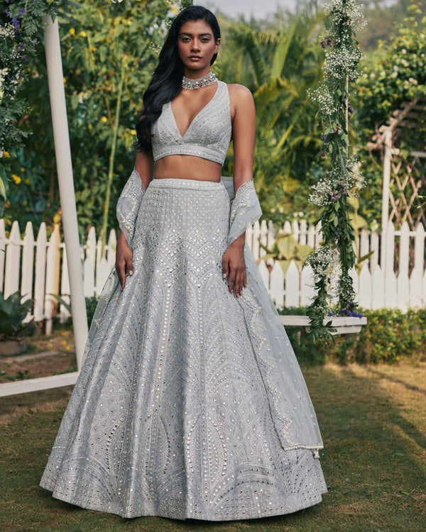 Steel Gray Heavy Banglori Silk Lehenga Set with Paper Mirror, Zari & 3mm Sequins Embroidery – Semi-Stitched with ClothsVilla