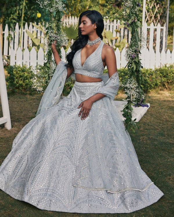 Steel Gray Heavy Banglori Silk Lehenga Set with Paper Mirror, Zari & 3mm Sequins Embroidery – Semi-Stitched with ClothsVilla